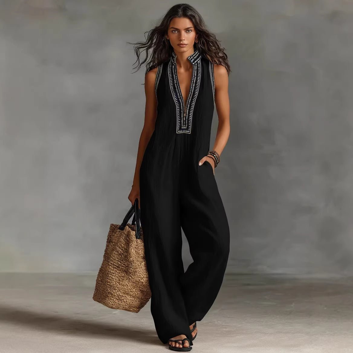 Women's linen-blend sleeveless jumpsuit by FitiqueFit, casual summer wear with a relaxed fit and simple design.