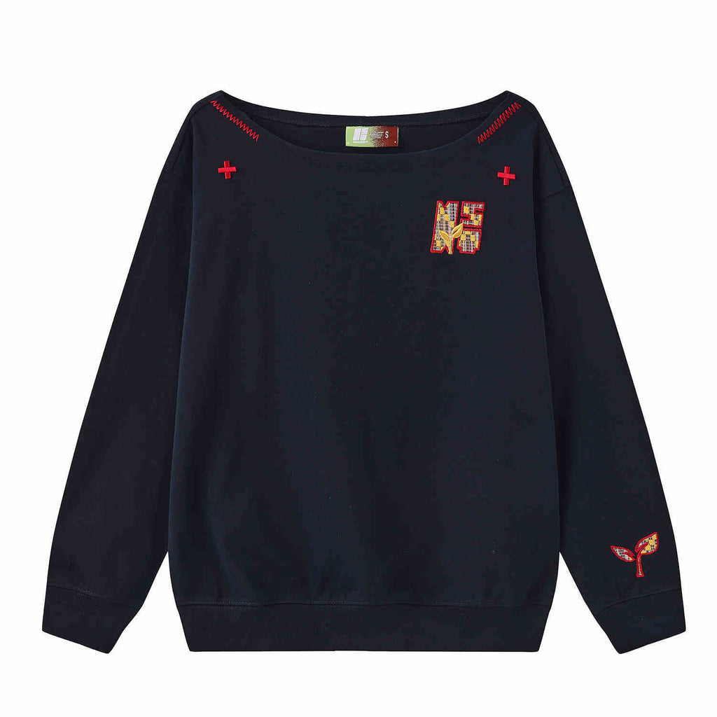 Women’s slanted shoulder embroidered long-sleeve casual top by FitiqueFit, featuring intricate embroidery and a stylish, relaxed fit.
