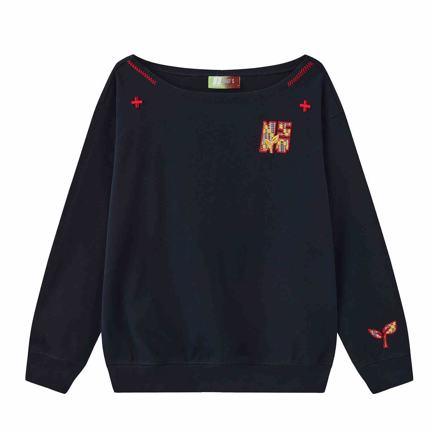Women’s slanted shoulder embroidered long-sleeve casual top by FitiqueFit, featuring intricate embroidery and a stylish, relaxed fit.