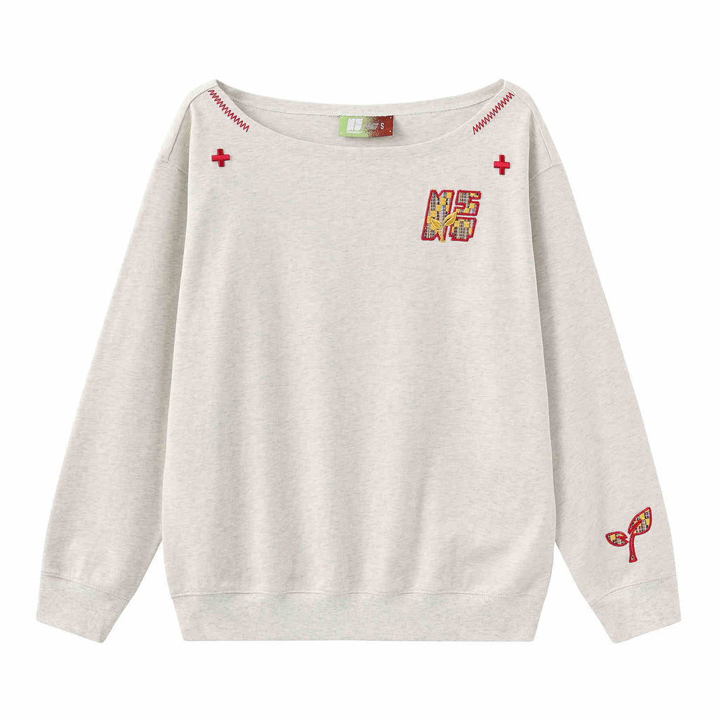 Women’s slanted shoulder embroidered long-sleeve top from FitiqueFit, featuring casualwear style with intricate embroidery details.