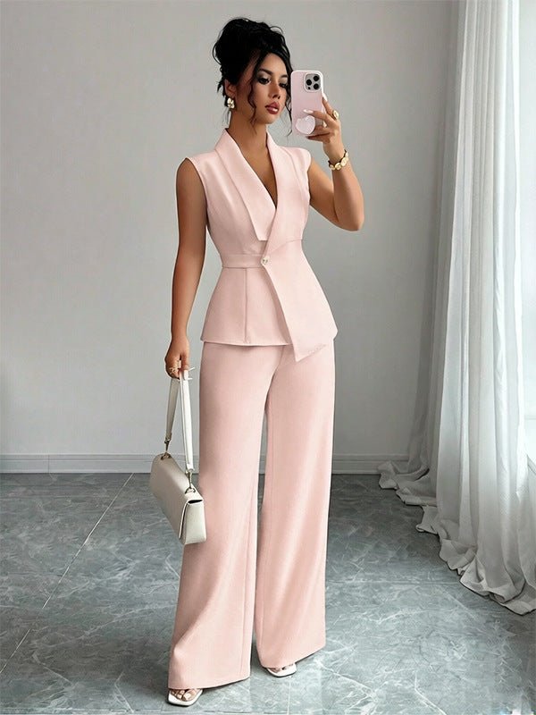 Women's sleeveless blazer and straight-leg pants two-piece casualwear set from FitiqueFit, featuring a tailored blazer and comfortable pants.