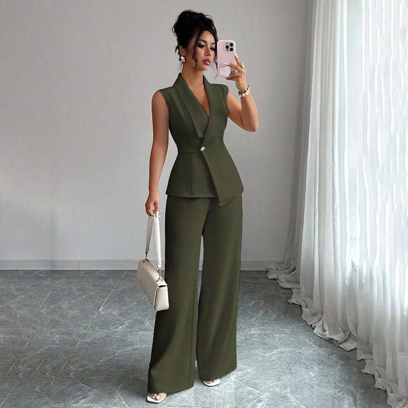Women’s sleeveless blazer and straight-leg pants two-piece set by FitiqueFit, casualwear, shown in a stylish, coordinated outfit.
