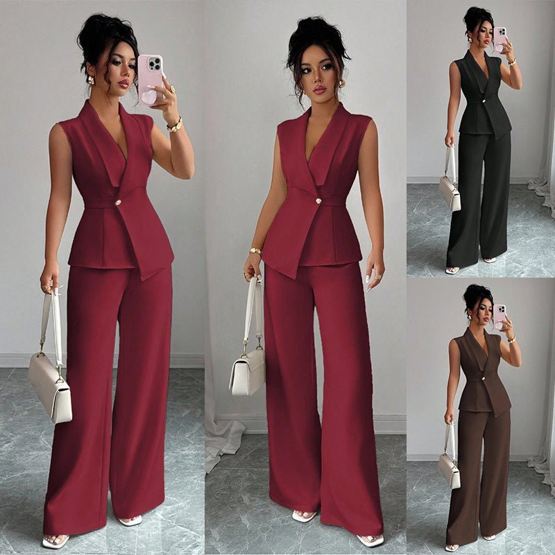 Women's sleeveless blazer and straight-leg pants two-piece set by FitiqueFit, casualwear, shown in stylish, neutral tones.