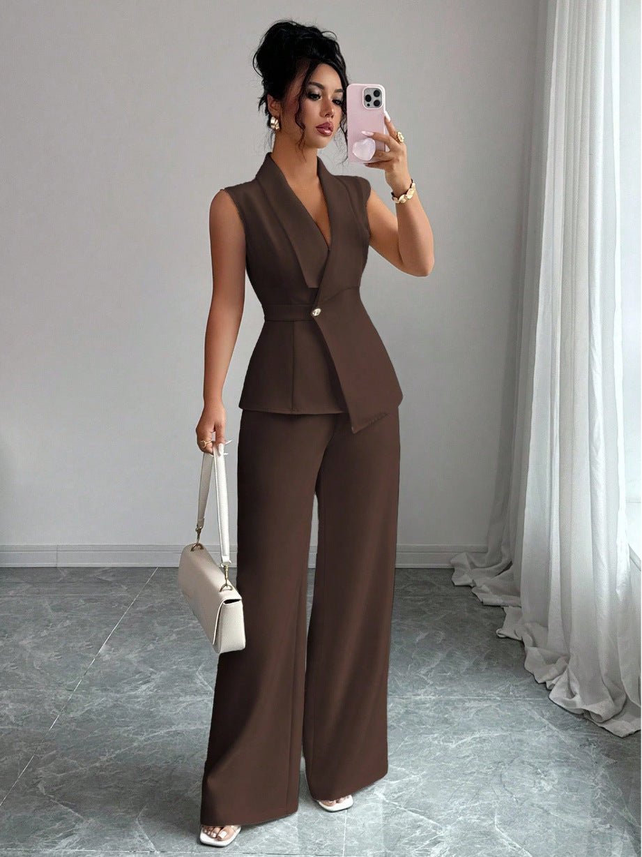 Women's sleeveless blazer and straight-leg pants two-piece set by FitiqueFit, casualwear with a modern, stylish look.