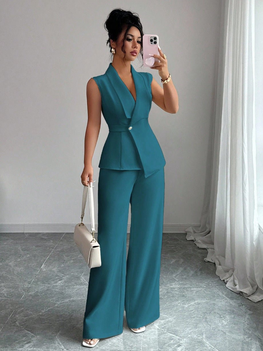Women's sleeveless blazer and straight-leg pants two-piece casualwear set by FitiqueFit, shown on a model.