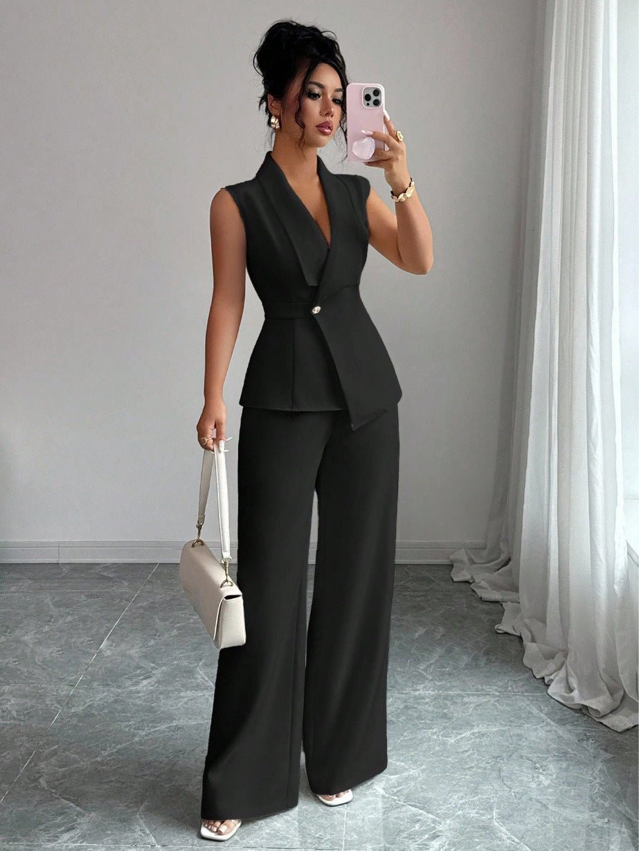 Women's sleeveless blazer and straight-leg pants two-piece casual set by FitiqueFit, shown on a model.
