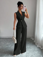 Women's sleeveless blazer and straight-leg pants two-piece casual set by FitiqueFit, shown on a model.