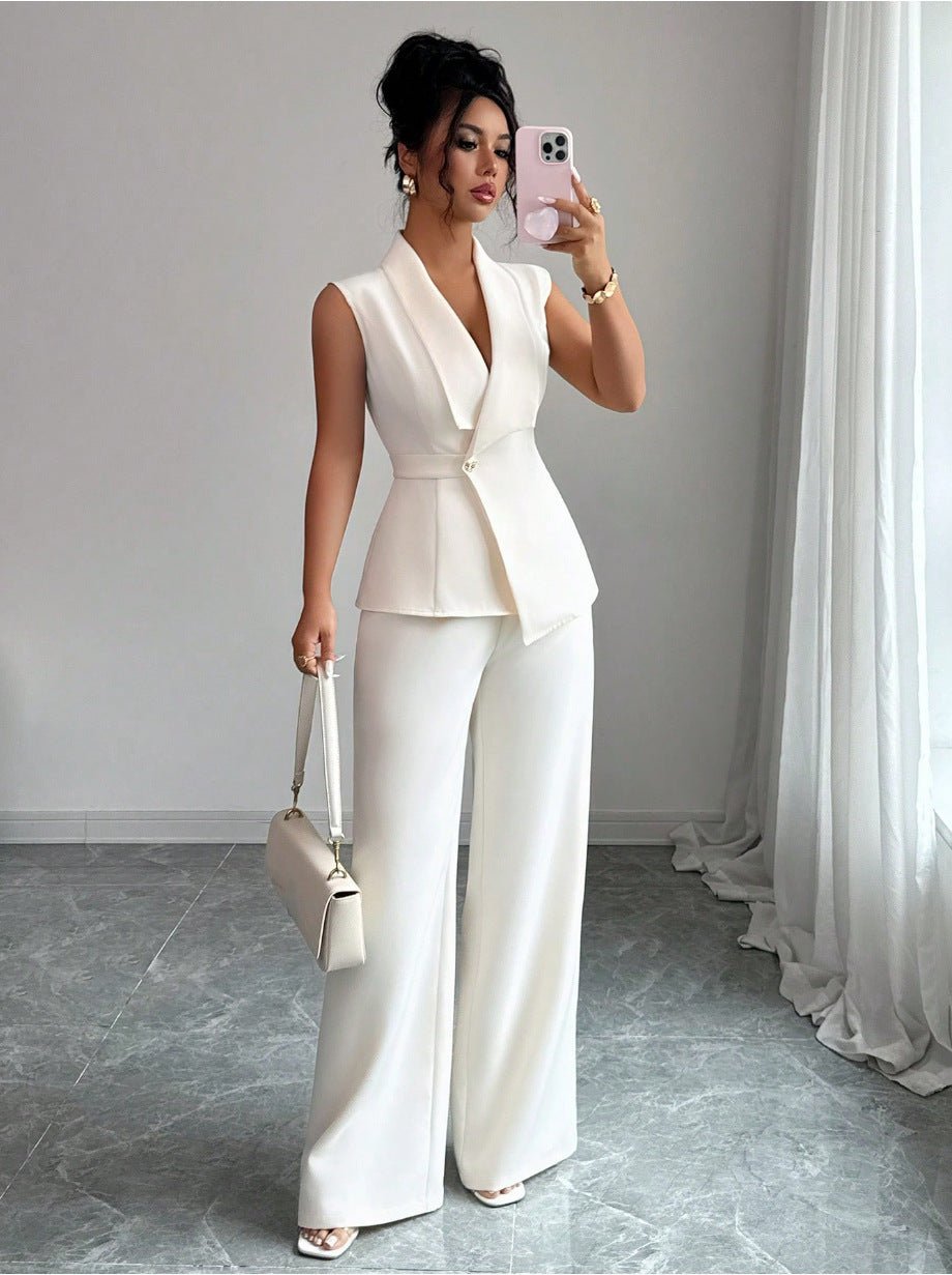 Women's sleeveless blazer and straight-leg pants two-piece set by FitiqueFit, casualwear style, displayed on a model.
