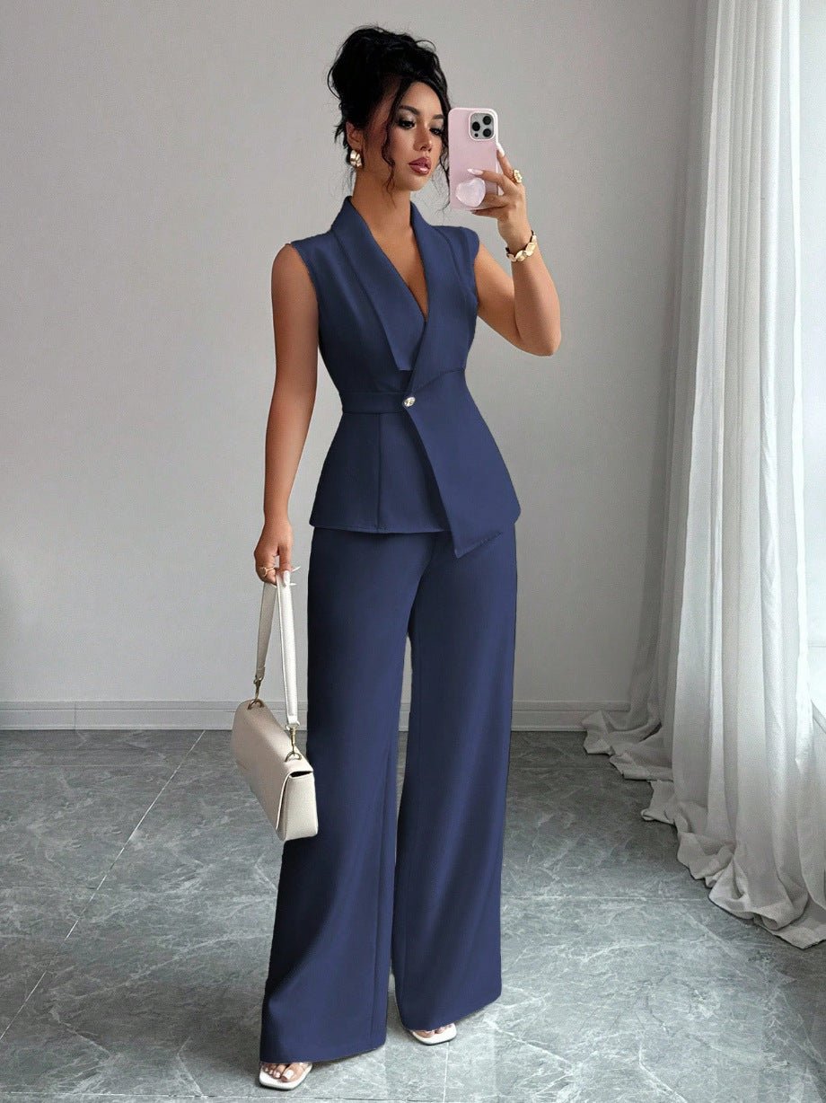 Women's sleeveless blazer and straight-leg pants two-piece casualwear set by FitiqueFit, shown on a model in a stylish, relaxed pose.