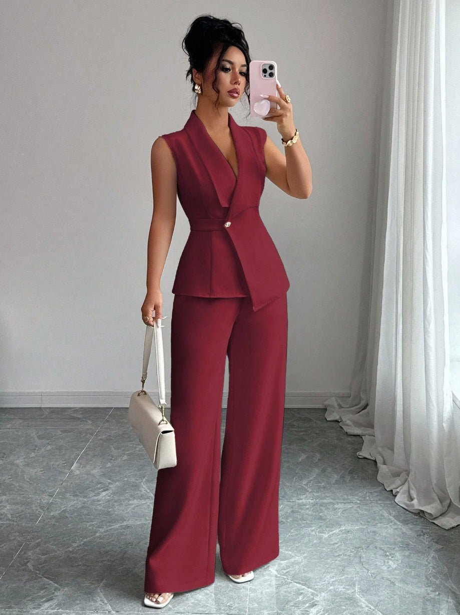 Women's sleeveless blazer and straight-leg pants two-piece set by FitiqueFit, casualwear outfit, styled for a modern look.