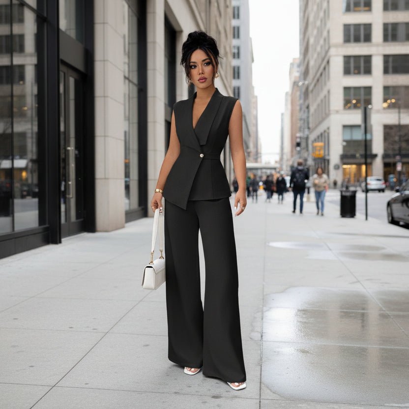 Women's sleeveless blazer and straight-leg pants two-piece casualwear set by FitiqueFit, shown in a stylish, coordinated outfit.