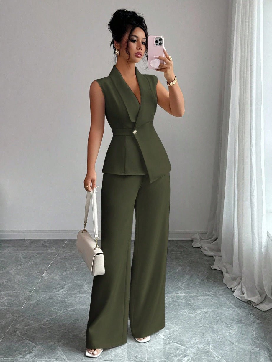 Women's sleeveless blazer and straight-leg pants two-piece set by FitiqueFit, casualwear ensemble with tailored fit and stylish design.