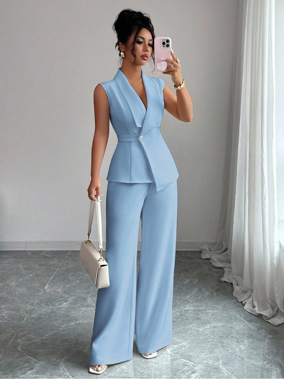 Women's sleeveless blazer and straight-leg pants two-piece casualwear set by FitiqueFit, shown laid out on a flat surface.