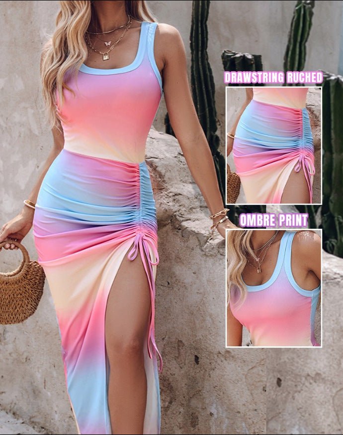 Women’s sleeveless bodycon dress by FitiqueFit, casualwear style, fitted design with a sleek look, shown on a model.