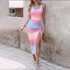 Women’s sleeveless Bodycon Dress by FitiqueFit, casualwear style, shown in a close-up of the fitted black dress on a model.