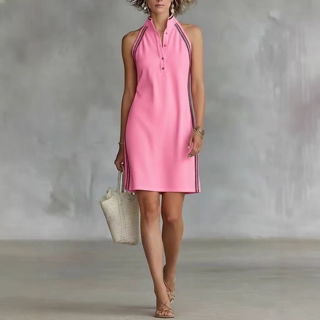 Women’s sleeveless button-up collar shirt dress by FitiqueFit, casualwear style, shown on a model with a relaxed fit and lightweight fabric.
