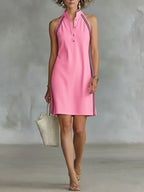 Women’s sleeveless button-up collar shirt dress by FitiqueFit, casualwear style, shown in soft fabric with a tied waist.