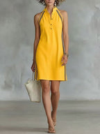 Women’s sleeveless button-up collar shirt dress by FitiqueFit, casualwear style, shown in a relaxed fit with a front button closure.