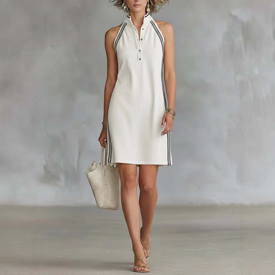 Women’s sleeveless collar shirt dress by FitiqueFit, casualwear, featuring button-up front and relaxed fit, ideal for warm weather.