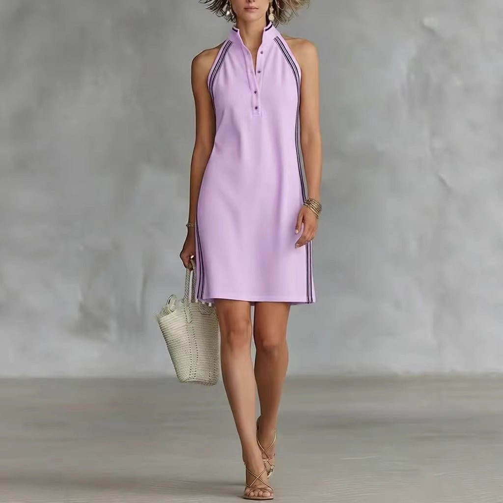 Women’s sleeveless button-up collar shirt dress by FitiqueFit, casualwear style with a relaxed fit and front button closure.