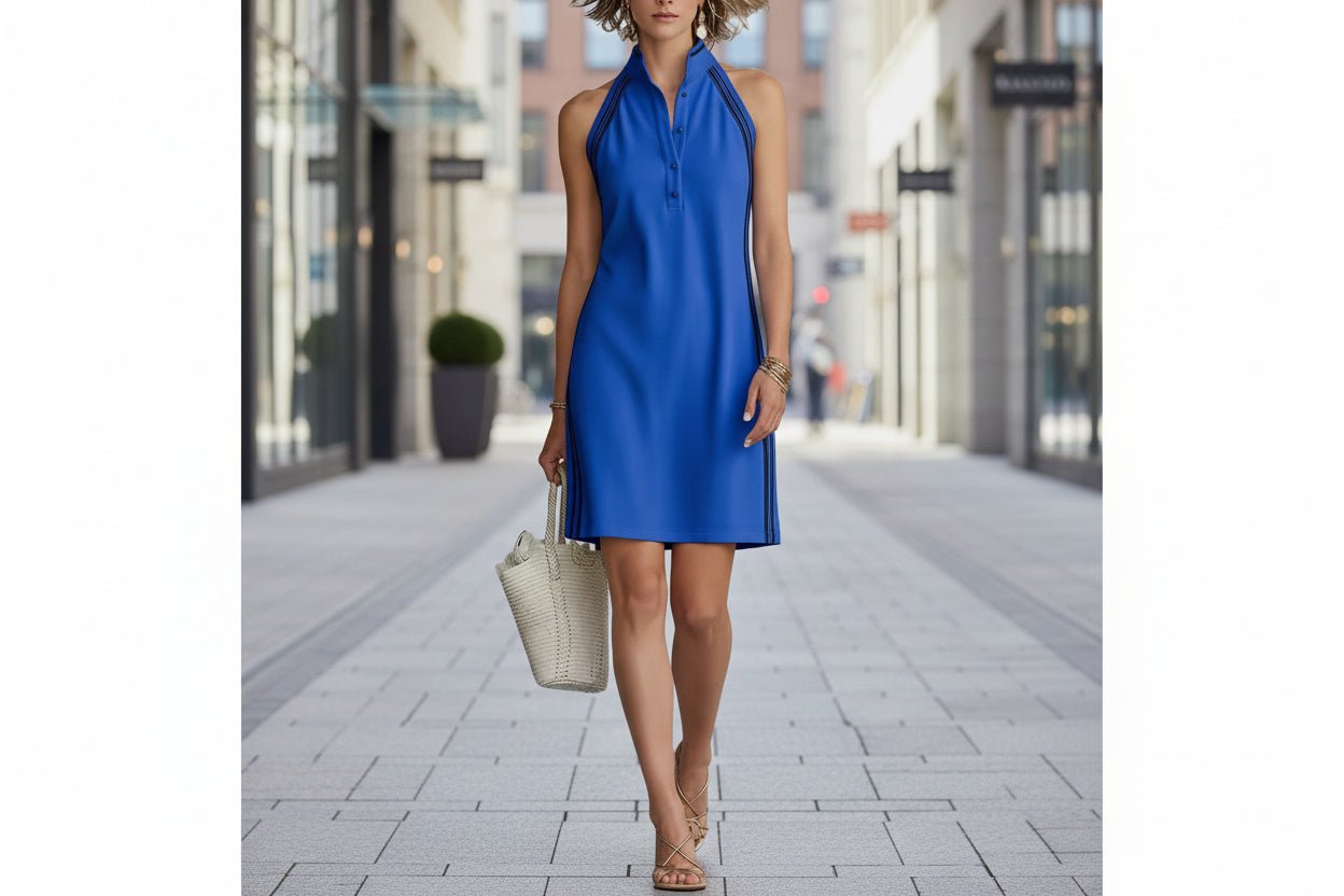 Women’s sleeveless button-up collar shirt dress by FitiqueFit, casualwear style, featuring a relaxed fit and front buttons.
