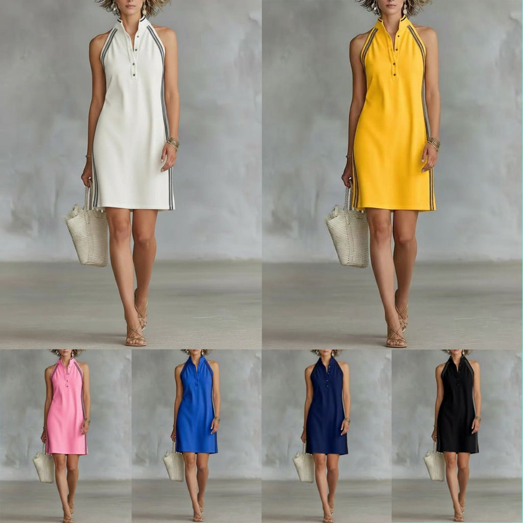Women’s sleeveless button-up collar shirt dress by FitiqueFit, casualwear style, shown in a light fabric with a relaxed fit.
