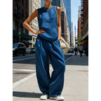Women's sleeveless cardigan top and matching pants two-piece casualwear set by FitiqueFit, styled for relaxed everyday wear.