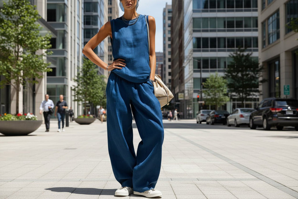 Women's sleeveless cardigan top and pants two-piece casualwear set by FitiqueFit, featuring a relaxed fit and comfortable fabric.