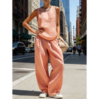 Women's sleeveless cardigan top and matching pants two-piece casualwear set by FitiqueFit, featuring a relaxed fit and neutral color.