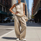 Women's sleeveless cardigan top and pants two-piece casualwear set by FitiqueFit, featuring a relaxed fit and comfortable fabric.