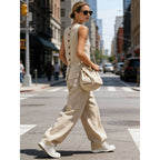 Women's sleeveless cardigan top and matching pants two-piece set by FitiqueFit, casualwear outfit, front view with neutral background.