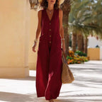 Women's sleeveless cotton linen wide-leg jumpsuit with button pockets, casualwear by FitiqueFit, shown on a model.