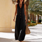 Women's sleeveless cotton and linen wide-leg jumpsuit with button pockets, casualwear by FitiqueFit.