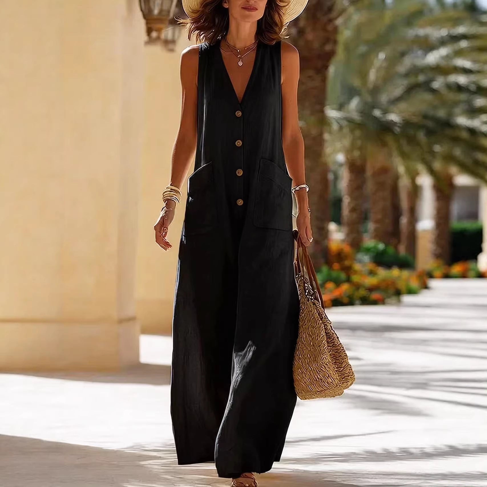Women's sleeveless cotton and linen wide-leg jumpsuit with button pockets, casualwear by FitiqueFit.