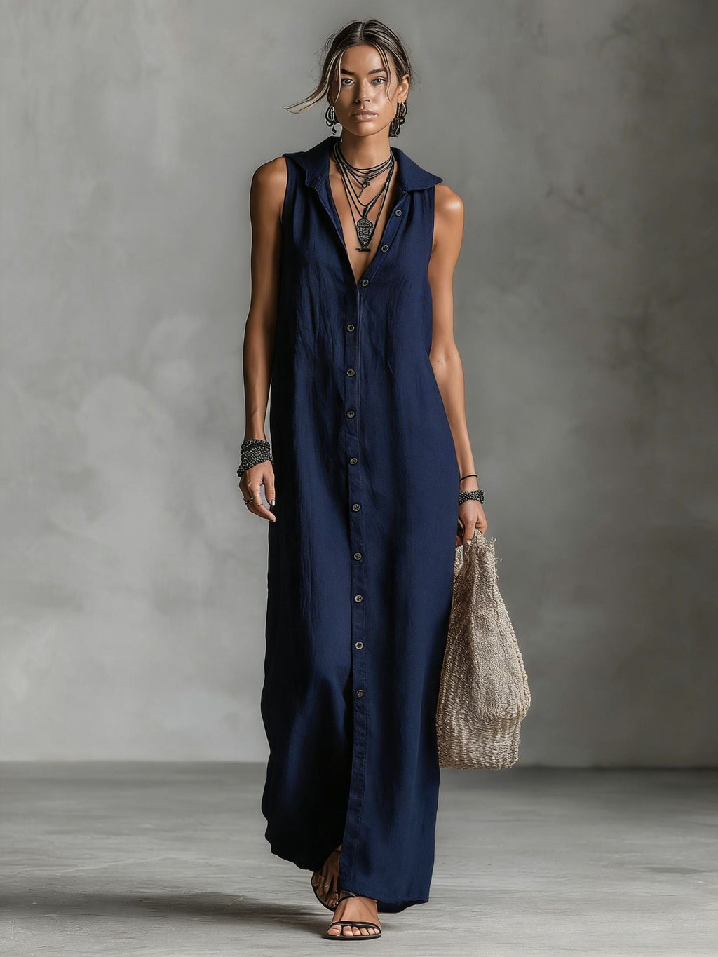 Women's sleeveless deep V-neck hooded loose maxi dress by FitiqueFit, available in 6 colors and sizes XS to 3XL.