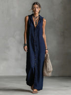 Women's sleeveless deep V-neck hooded loose maxi dress by FitiqueFit, available in 6 colors and sizes XS to 3XL.