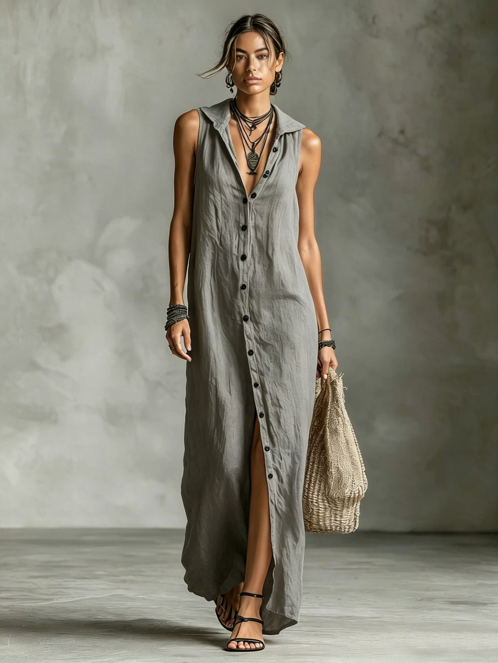 Women's sleeveless deep V-neck hooded loose maxi dress by FitiqueFit, available in 6 colors and sizes XS to 3XL.