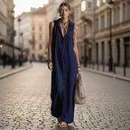 Women's sleeveless deep V-neck hooded loose maxi dress by FitiqueFit in 6 colors, available in XS to 3XL, shown in black.