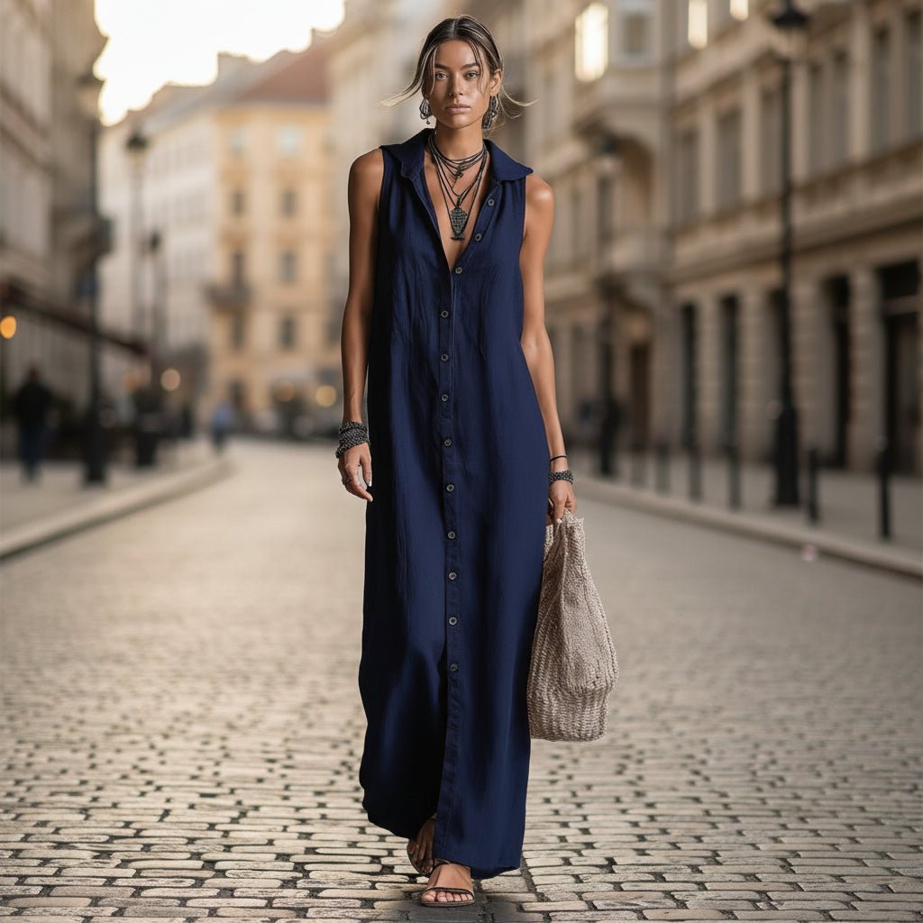 Women's sleeveless deep V-neck hooded loose maxi dress by FitiqueFit in 6 colors, available in XS to 3XL, shown in black.