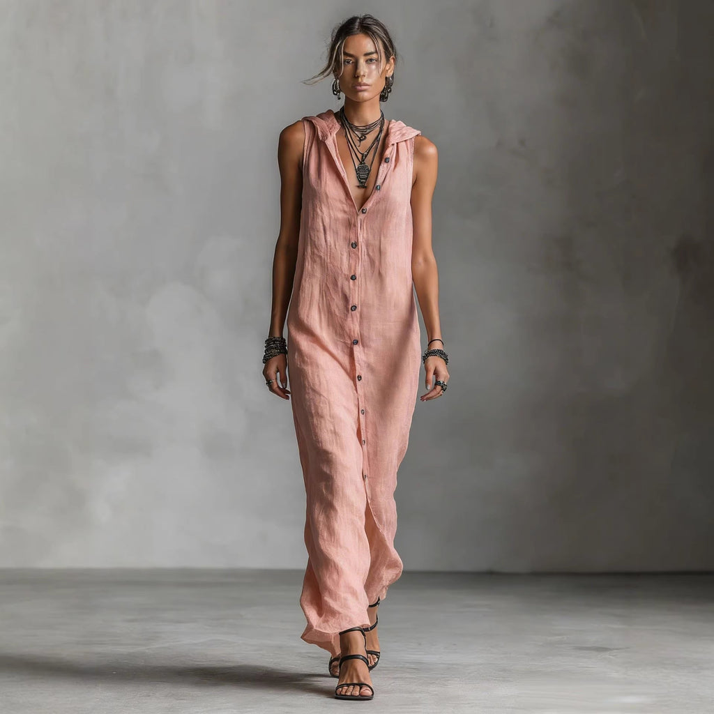 Women's sleeveless deep V-neck hooded loose maxi dress by FitiqueFit in 6 colors, available in XS to 3XL, flowing and comfortable.