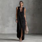 Women’s sleeveless deep V-neck hooded maxi dress by FitiqueFit in six colors, featuring a loose fit and sleeveless design.