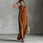 Women's sleeveless deep V-neck hooded loose maxi dress by FitiqueFit in 6 colors, available in XS to 3XL.