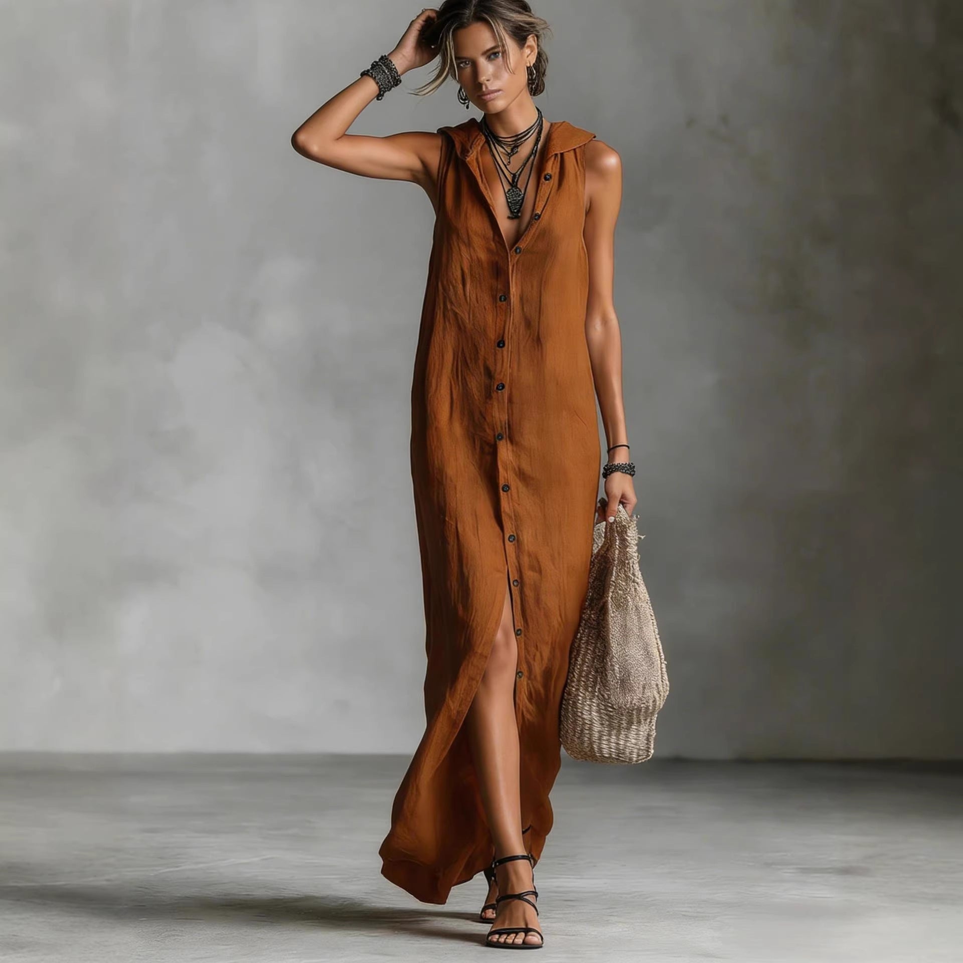 Women's sleeveless deep V-neck hooded loose maxi dress by FitiqueFit in 6 colors, available in XS to 3XL.