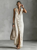 Women's sleeveless deep V-neck hooded maxi dress by FitiqueFit in six colors, loose fit, perfect for casual wear.