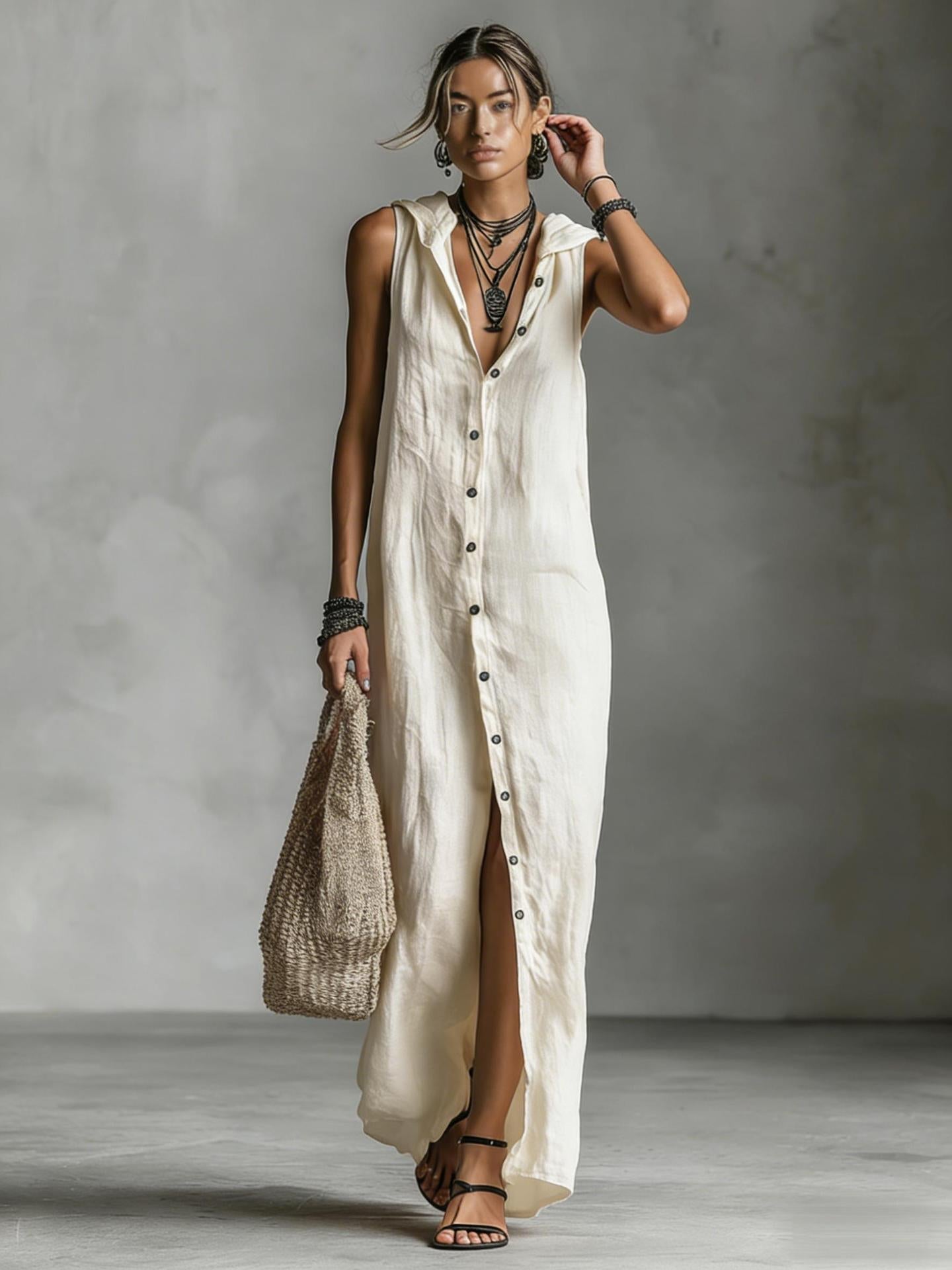 Women's sleeveless deep V-neck hooded maxi dress by FitiqueFit in six colors, loose fit, perfect for casual wear.