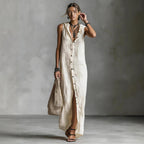 Women's sleeveless deep V-neck hooded loose maxi dress by FitiqueFit in 6 colors, available in XS to 3XL, shown in a casual outdoor setting.