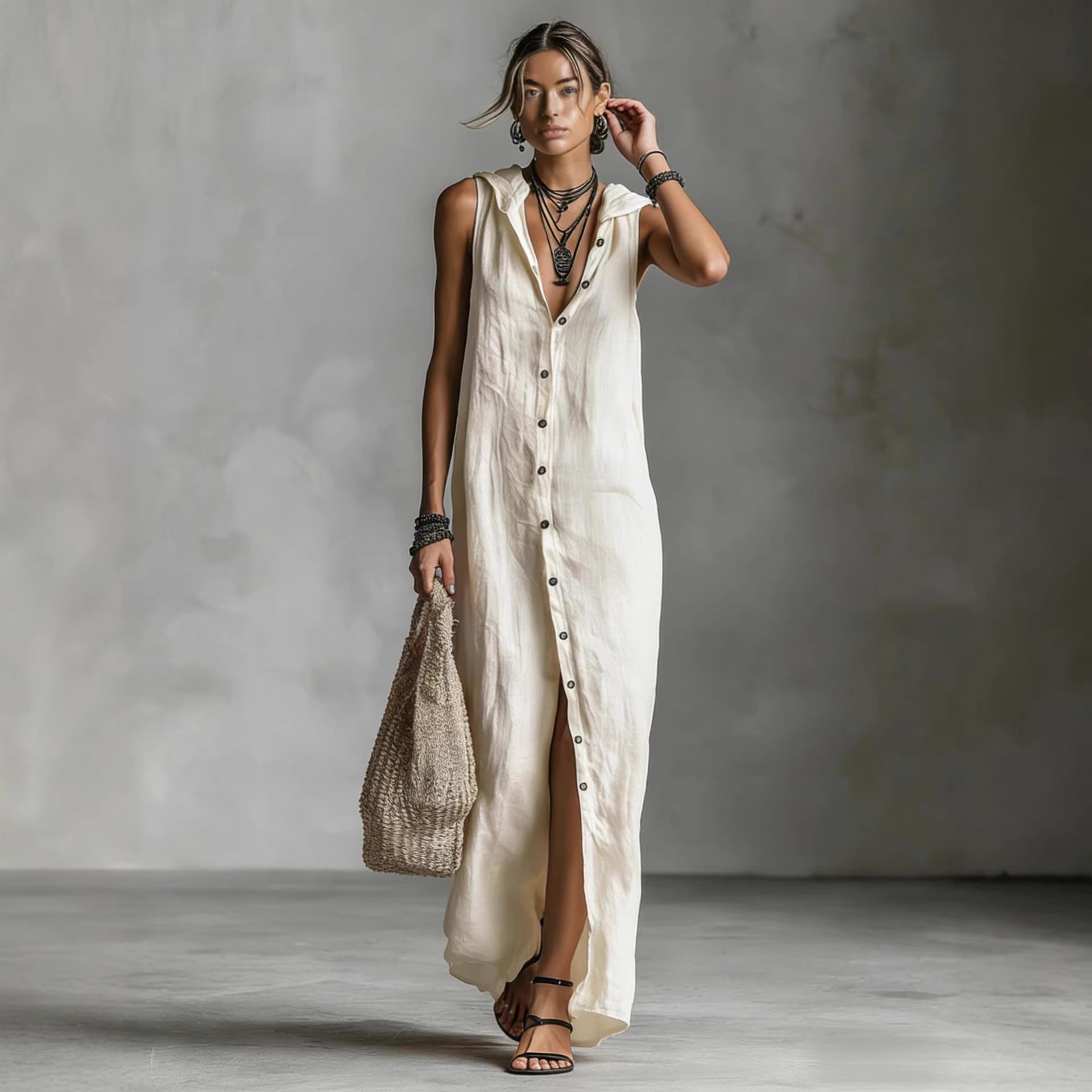 Women's sleeveless deep V-neck hooded loose maxi dress by FitiqueFit in 6 colors, available in XS to 3XL, shown in a casual outdoor setting.