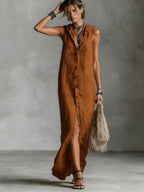 Women's sleeveless deep V-neck hooded loose maxi dress by FitiqueFit in 6 colors, available in XS to 3XL.