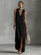Women's sleeveless deep V-neck hooded maxi dress by FitiqueFit in six colors, loose fit, perfect for casual and summer wear.