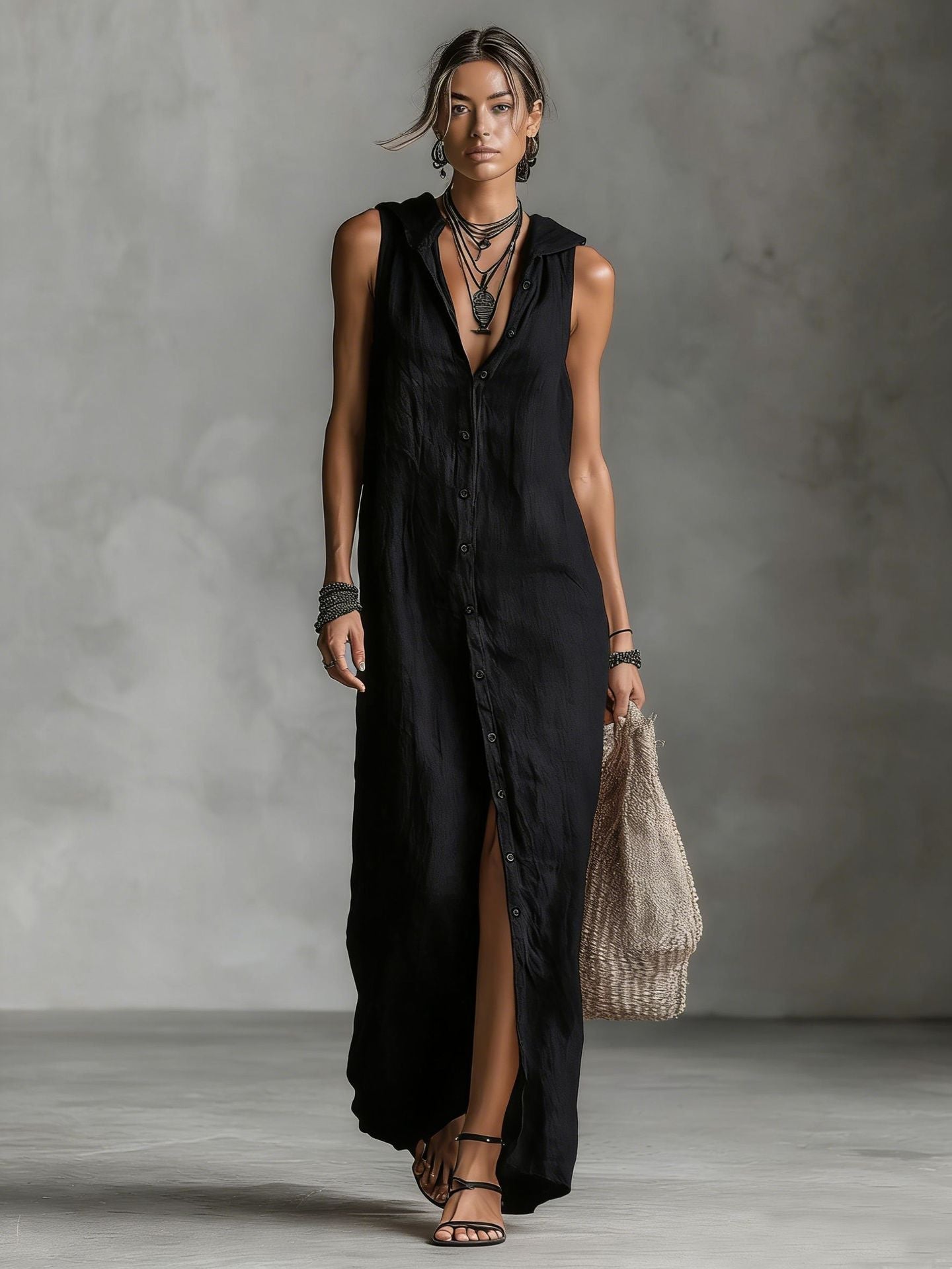 Women's sleeveless deep V-neck hooded maxi dress by FitiqueFit in six colors, loose fit, perfect for casual and summer wear.